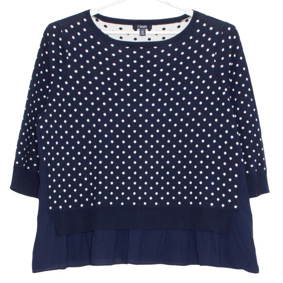 Chaps Sweater 3/4 Sleeve Polka Dot Cottage Preppy Classic Feminine Retro Blue 2X - Picture 1 of 7